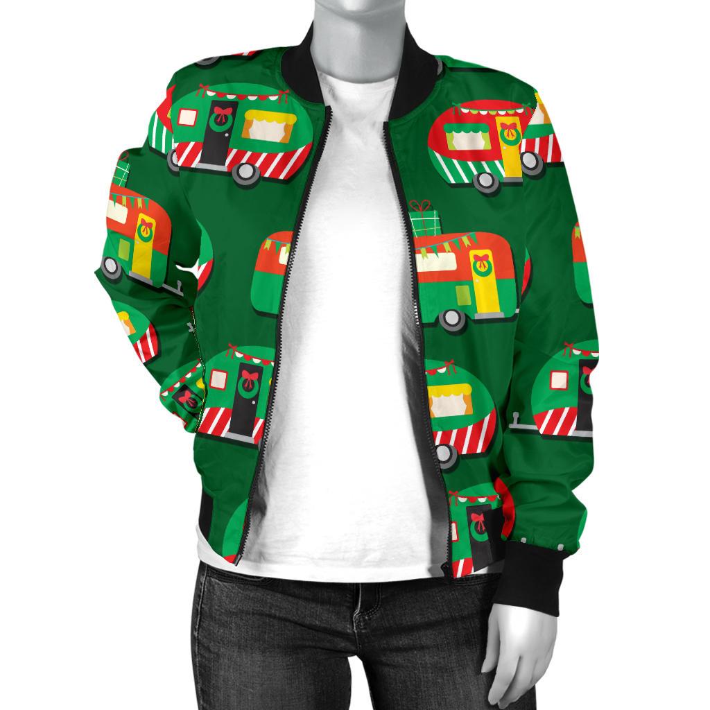 Camper Camping Christmas Themed Print Women Casual Bomber Jacket