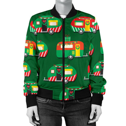 Camper Camping Christmas Themed Print Women Casual Bomber Jacket