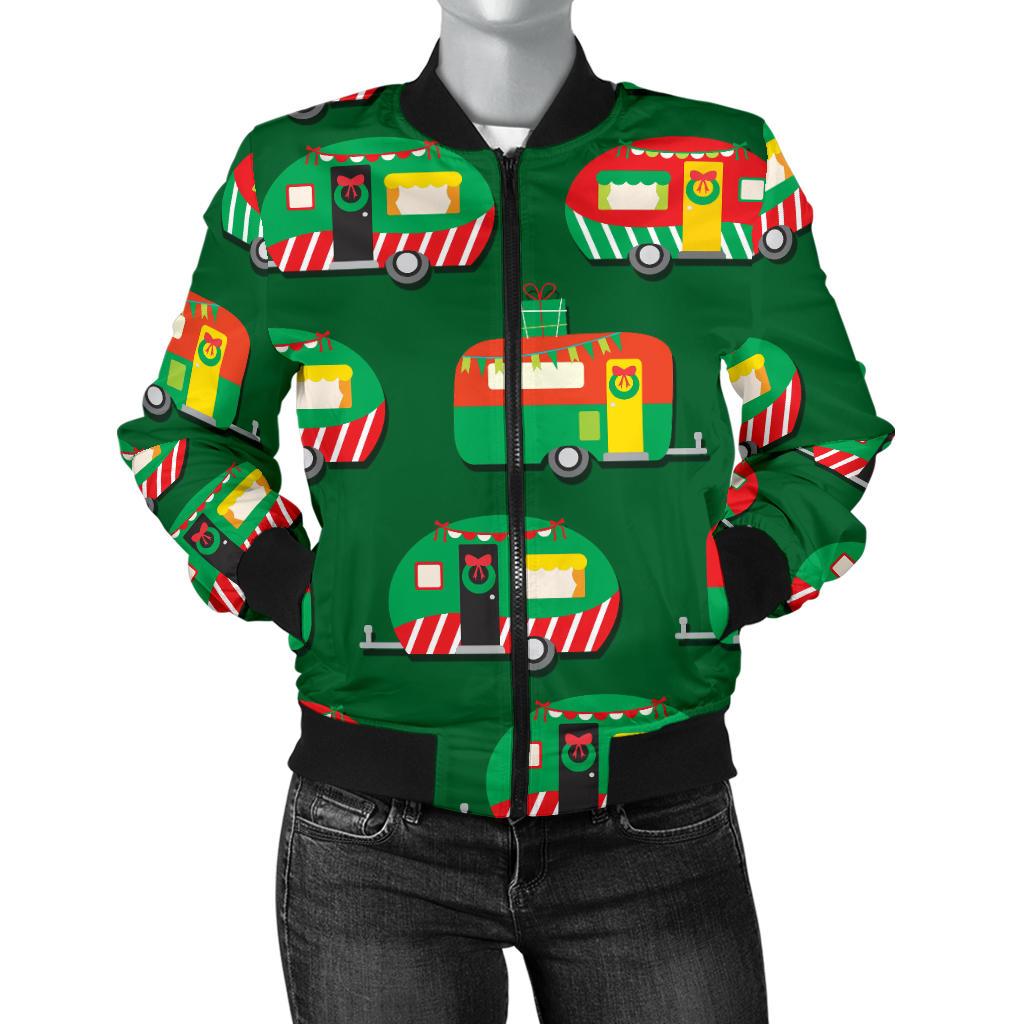 Camper Camping Christmas Themed Print Women Casual Bomber Jacket
