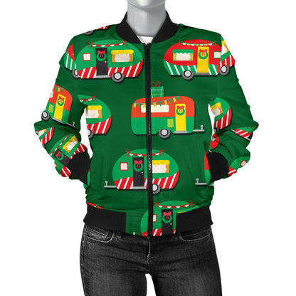 Camper Camping Christmas Themed Print Women Casual Bomber Jacket