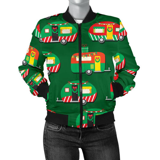 Camper Camping Christmas Themed Print Women Casual Bomber Jacket