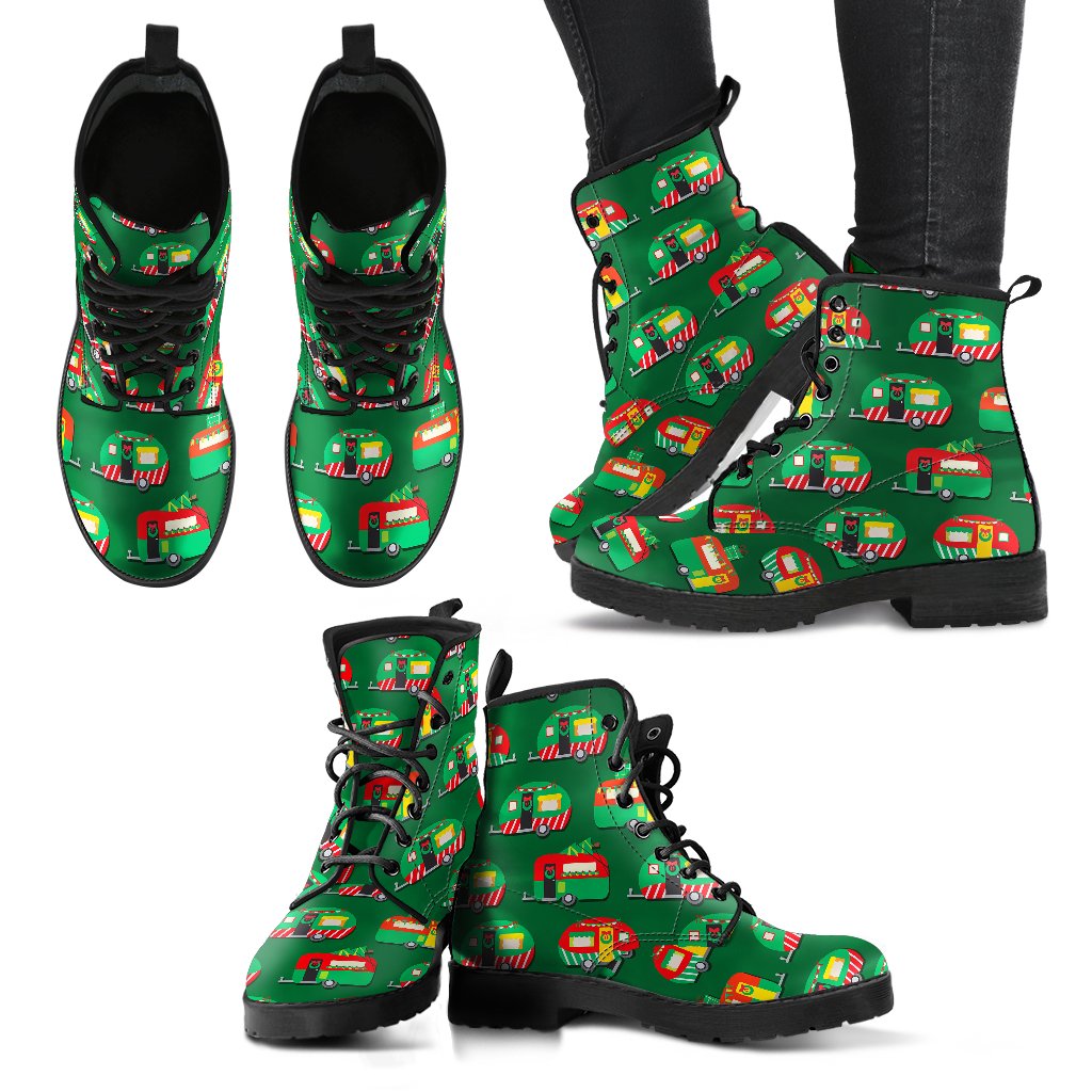Camper Camping Christmas Themed Print Women Leather Boots-JTAMIGO.COM