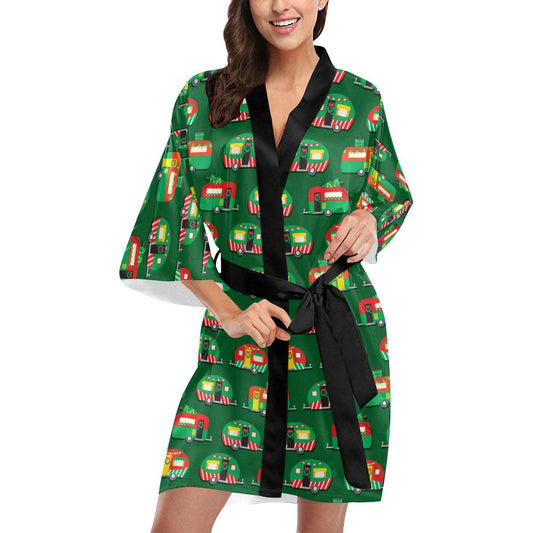 Camper Camping Christmas Themed Print Women Short Kimono Robe