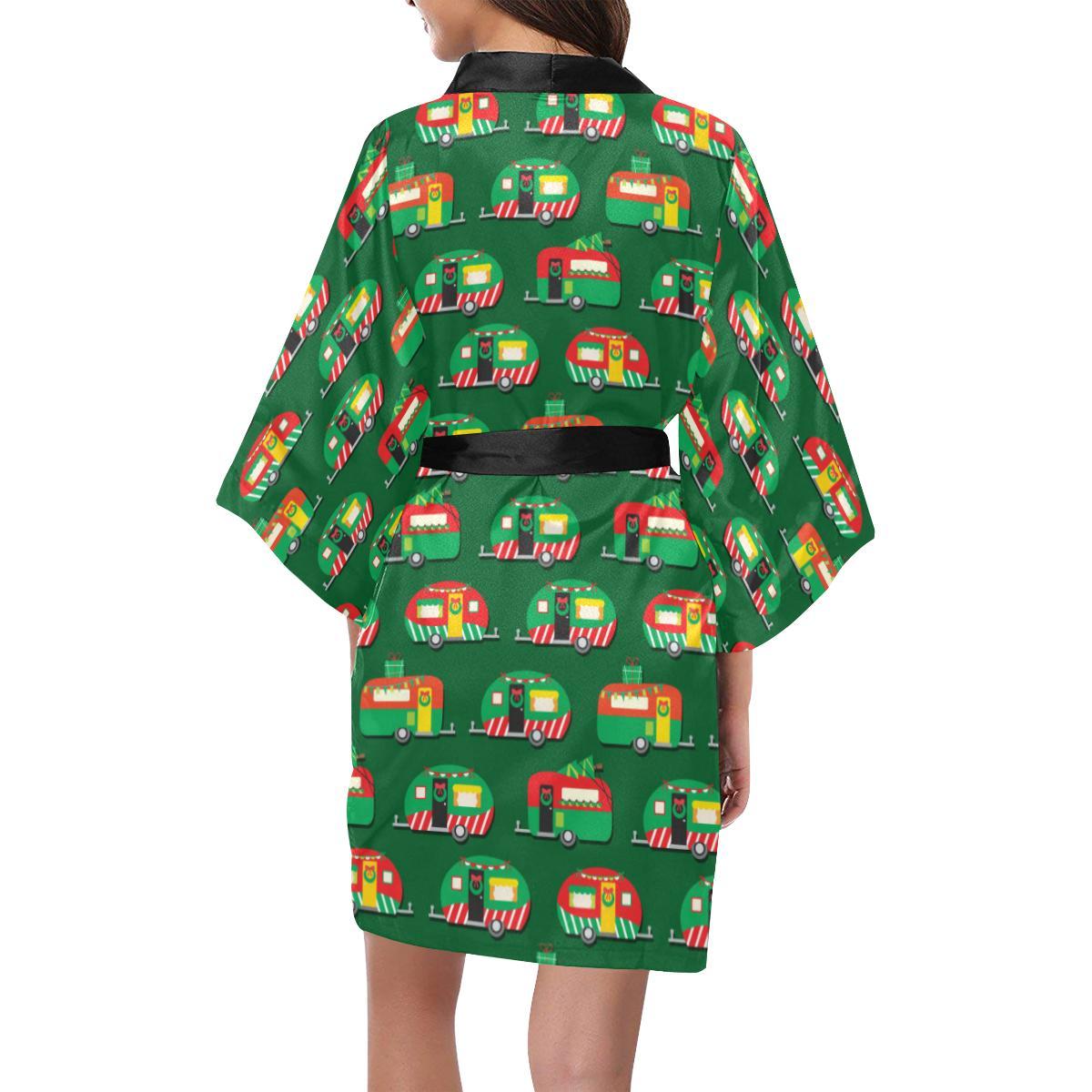 Camper Camping Christmas Themed Print Women Short Kimono Robe