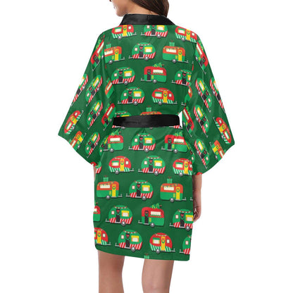 Camper Camping Christmas Themed Print Women Short Kimono Robe