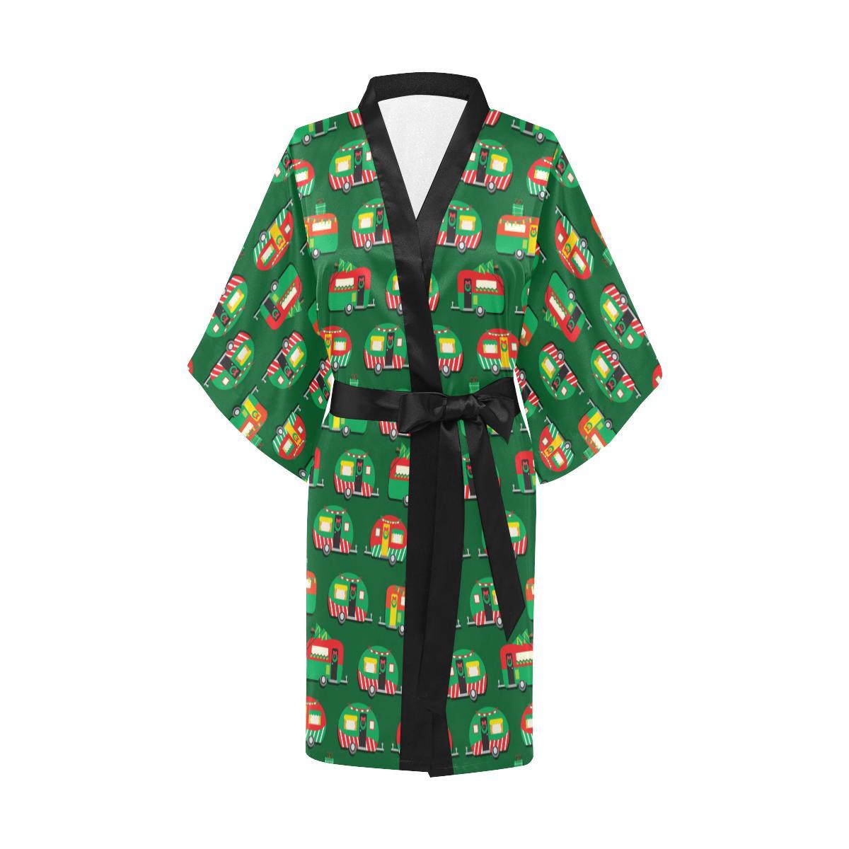 Camper Camping Christmas Themed Print Women Short Kimono Robe