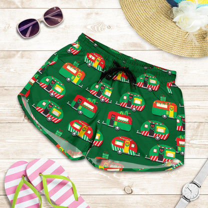 Camper Camping Christmas Themed Print Women Shorts-JTAMIGO.COM