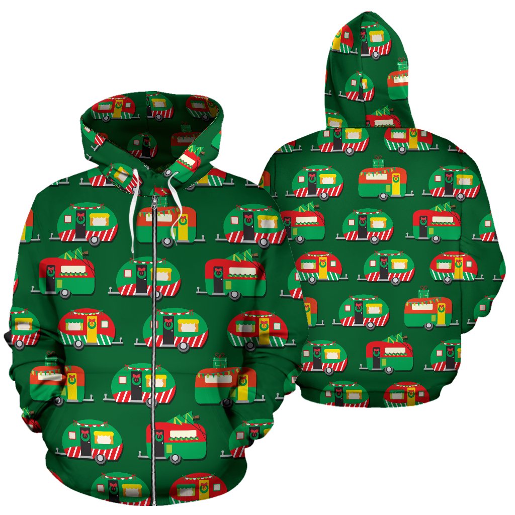 Camper Camping Christmas Themed Print Zip Up Hoodie