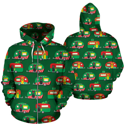 Camper Camping Christmas Themed Print Zip Up Hoodie
