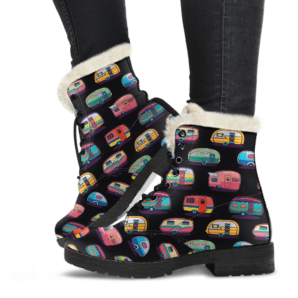 Camper Camping Pattern Faux Fur Leather Boots-JTAMIGO.COM
