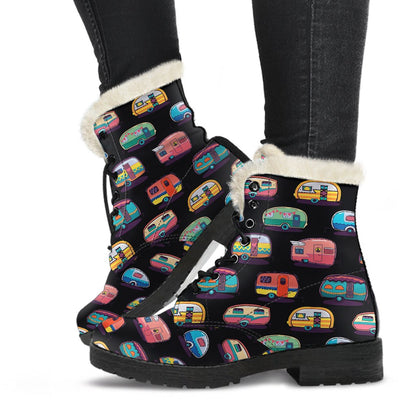 Camper Camping Pattern Faux Fur Leather Boots-JTAMIGO.COM