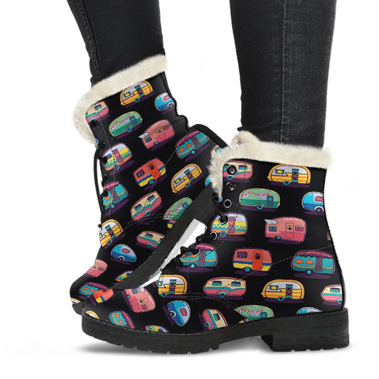 Camper Camping Pattern Faux Fur Leather Boots-JTAMIGO.COM