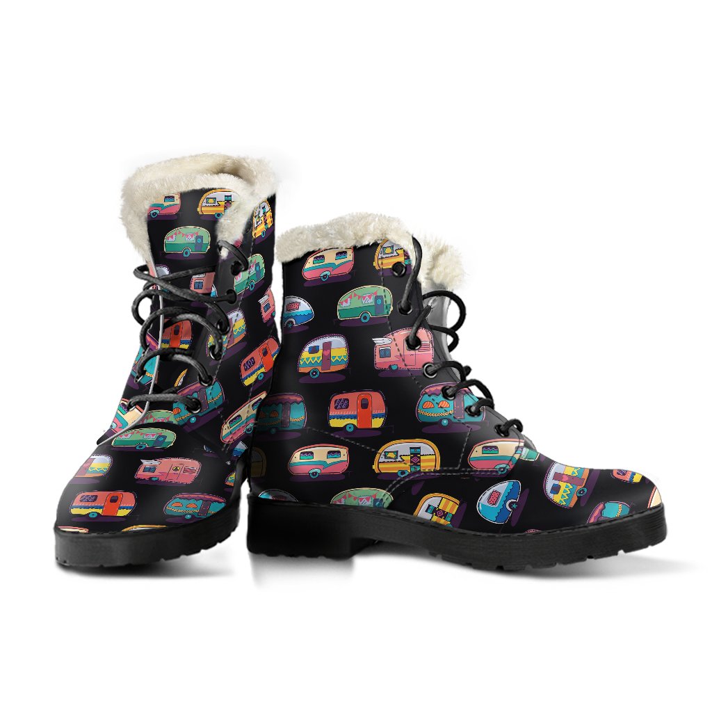 Camper Camping Pattern Faux Fur Leather Boots-JTAMIGO.COM