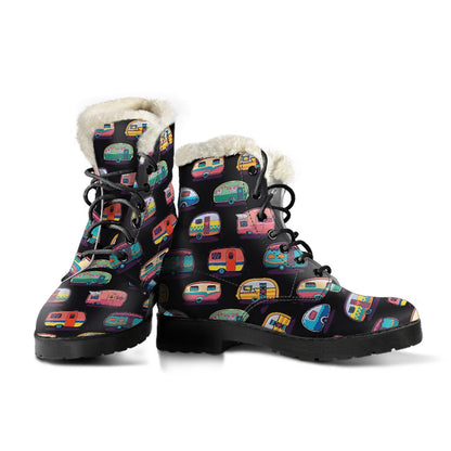 Camper Camping Pattern Faux Fur Leather Boots-JTAMIGO.COM