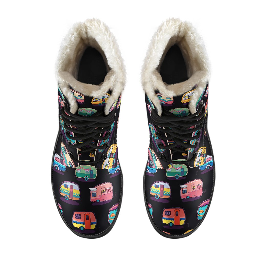 Camper Camping Pattern Faux Fur Leather Boots-JTAMIGO.COM