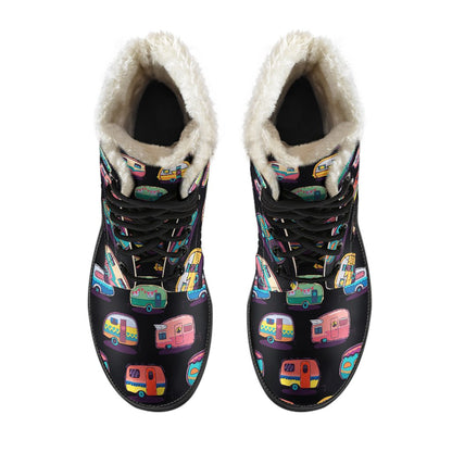 Camper Camping Pattern Faux Fur Leather Boots-JTAMIGO.COM