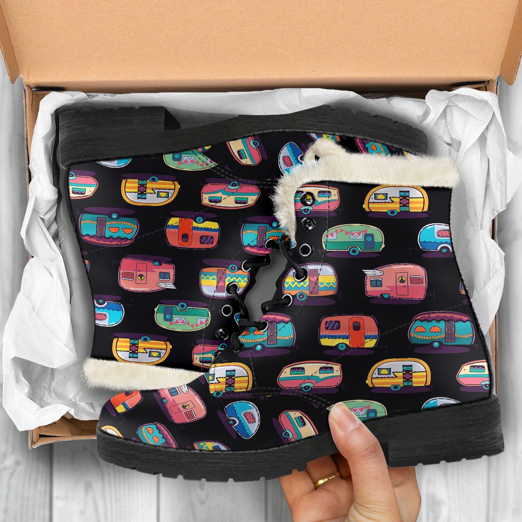 Camper Camping Pattern Faux Fur Leather Boots-JTAMIGO.COM