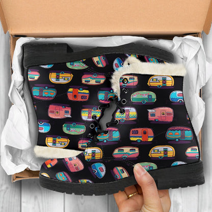 Camper Camping Pattern Faux Fur Leather Boots-JTAMIGO.COM