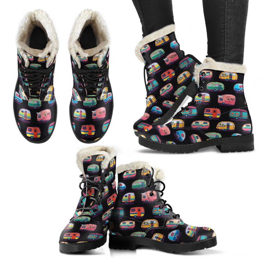Camper Camping Pattern Faux Fur Leather Boots-JTAMIGO.COM
