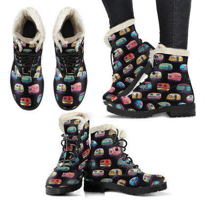 Camper Camping Pattern Faux Fur Leather Boots-JTAMIGO.COM