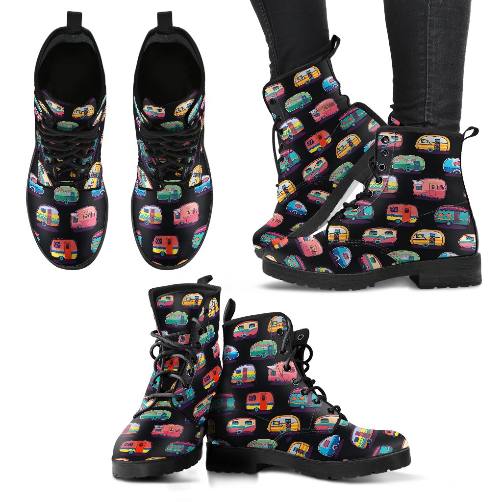 Camper Camping Pattern Women Leather Boots-JTAMIGO.COM