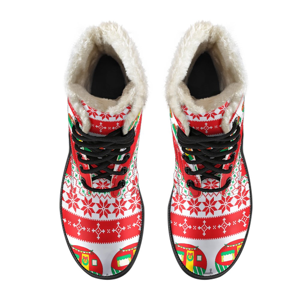 Camper Camping Ugly Christmas Design Print Faux Fur Leather Boots-JTAMIGO.COM