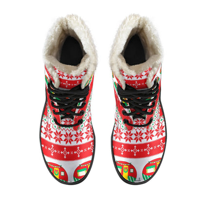 Camper Camping Ugly Christmas Design Print Faux Fur Leather Boots-JTAMIGO.COM
