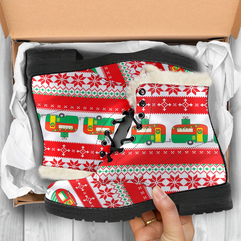 Camper Camping Ugly Christmas Design Print Faux Fur Leather Boots-JTAMIGO.COM