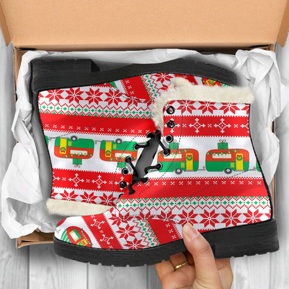 Camper Camping Ugly Christmas Design Print Faux Fur Leather Boots-JTAMIGO.COM