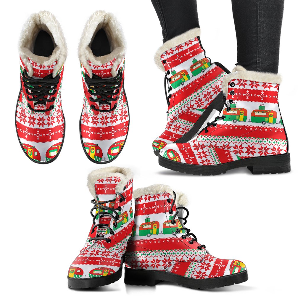 Camper Camping Ugly Christmas Design Print Faux Fur Leather Boots-JTAMIGO.COM