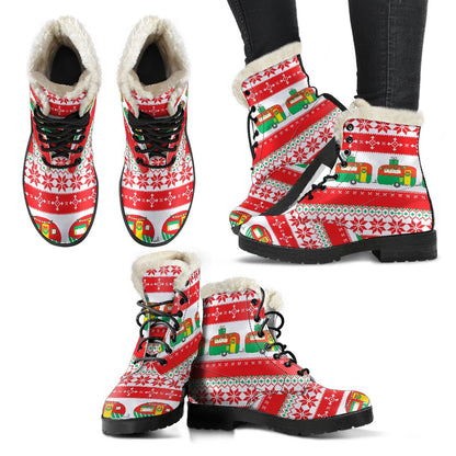 Camper Camping Ugly Christmas Design Print Faux Fur Leather Boots-JTAMIGO.COM
