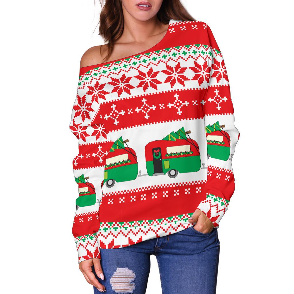 Camper Camping Ugly Christmas Design Print Off Shoulder Sweatshirt