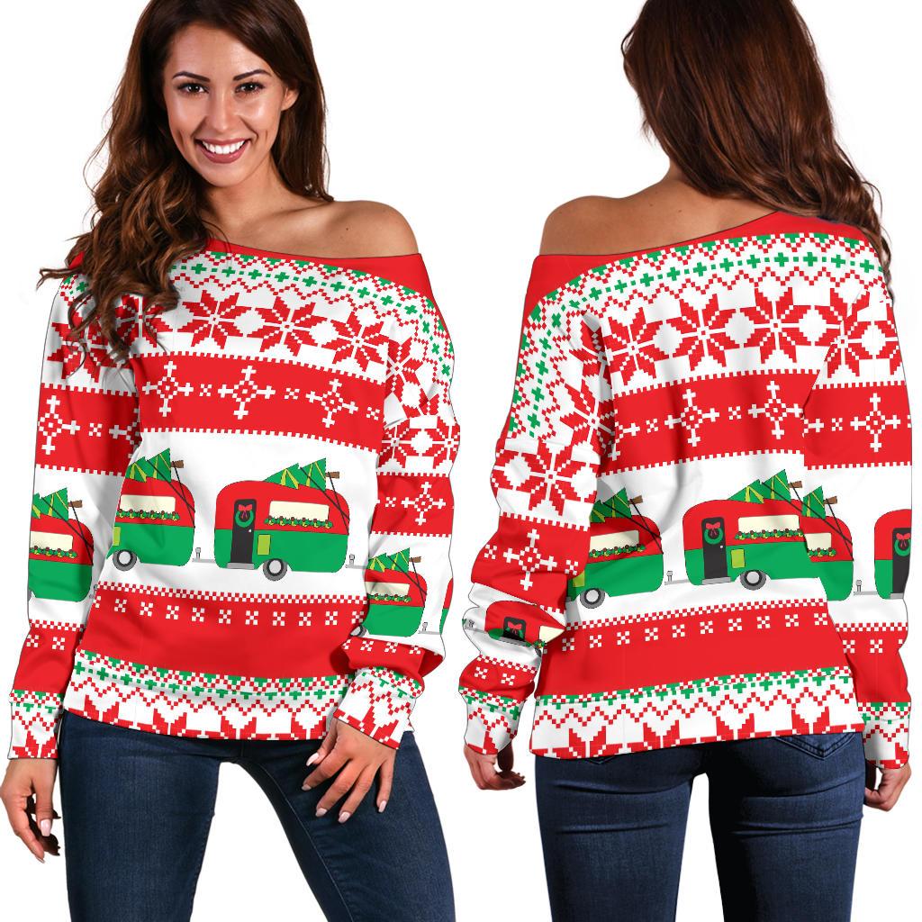Camper Camping Ugly Christmas Design Print Off Shoulder Sweatshirt