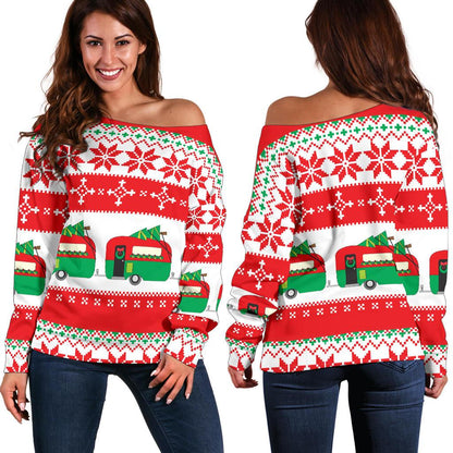 Camper Camping Ugly Christmas Design Print Off Shoulder Sweatshirt