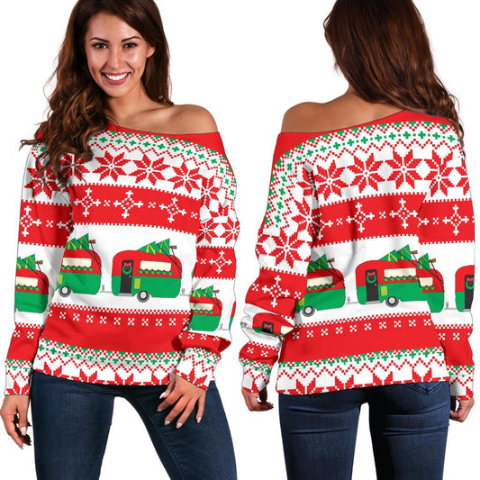 Camper Camping Ugly Christmas Design Print Off Shoulder Sweatshirt
