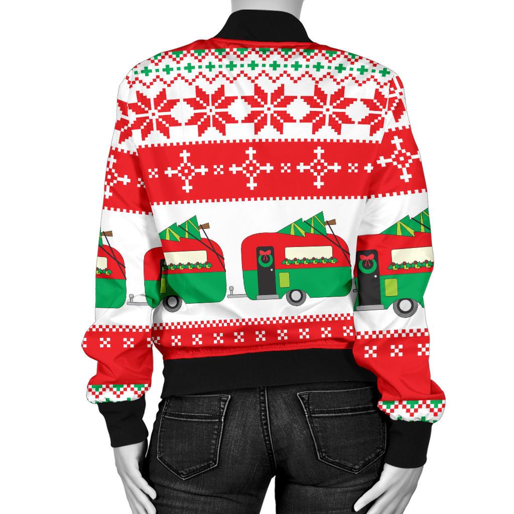 Camper Camping Ugly Christmas Design Print Women Casual Bomber Jacket