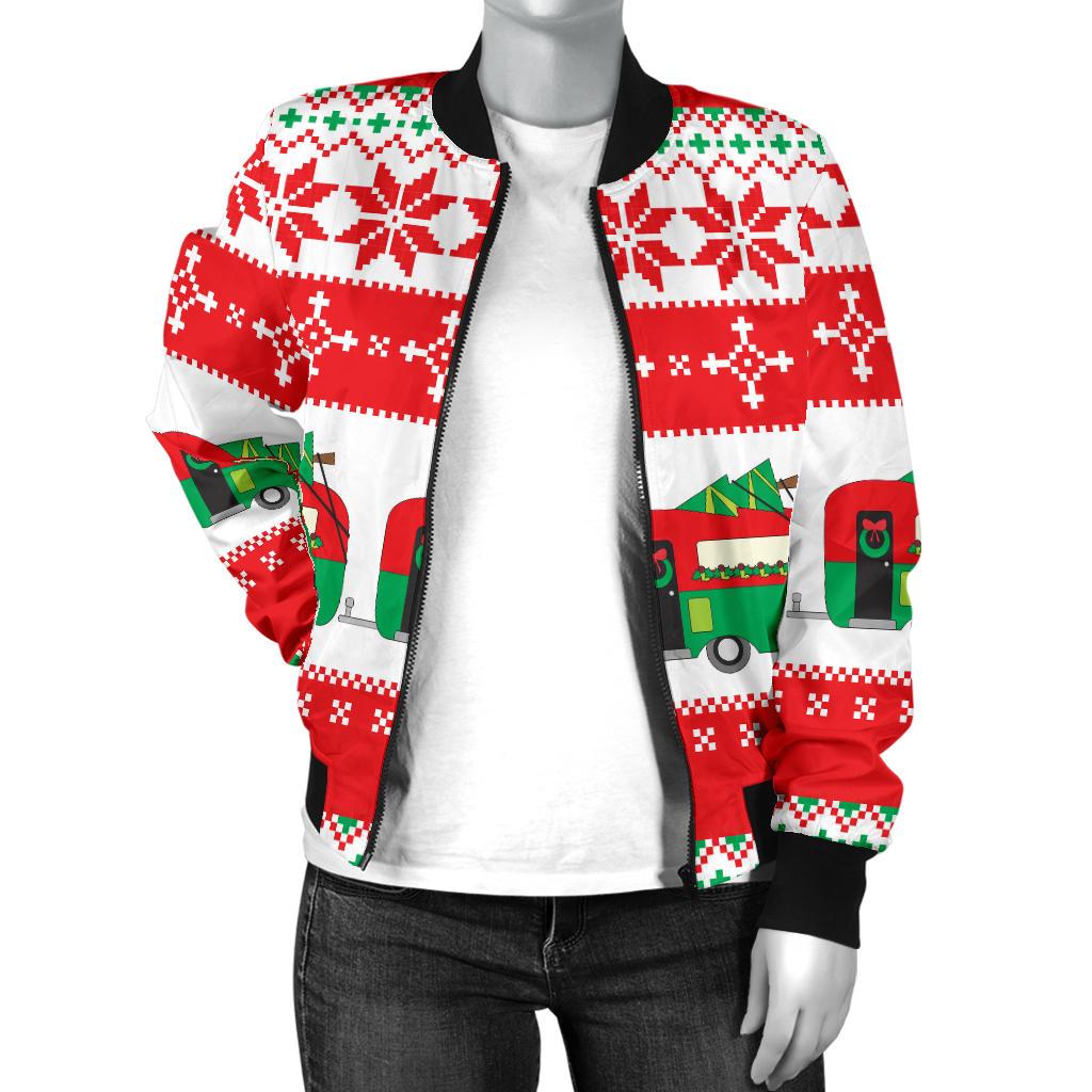 Camper Camping Ugly Christmas Design Print Women Casual Bomber Jacket