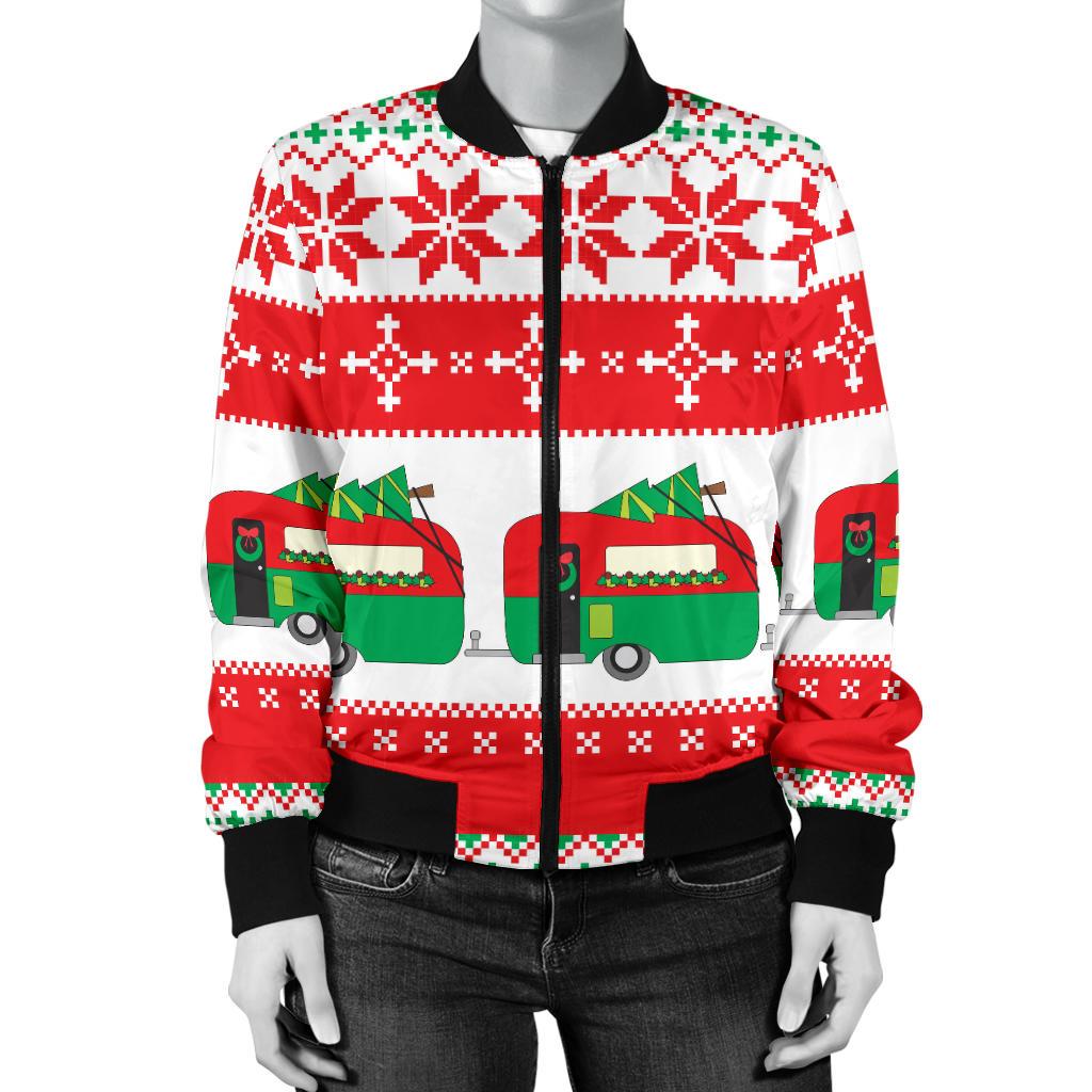 Camper Camping Ugly Christmas Design Print Women Casual Bomber Jacket
