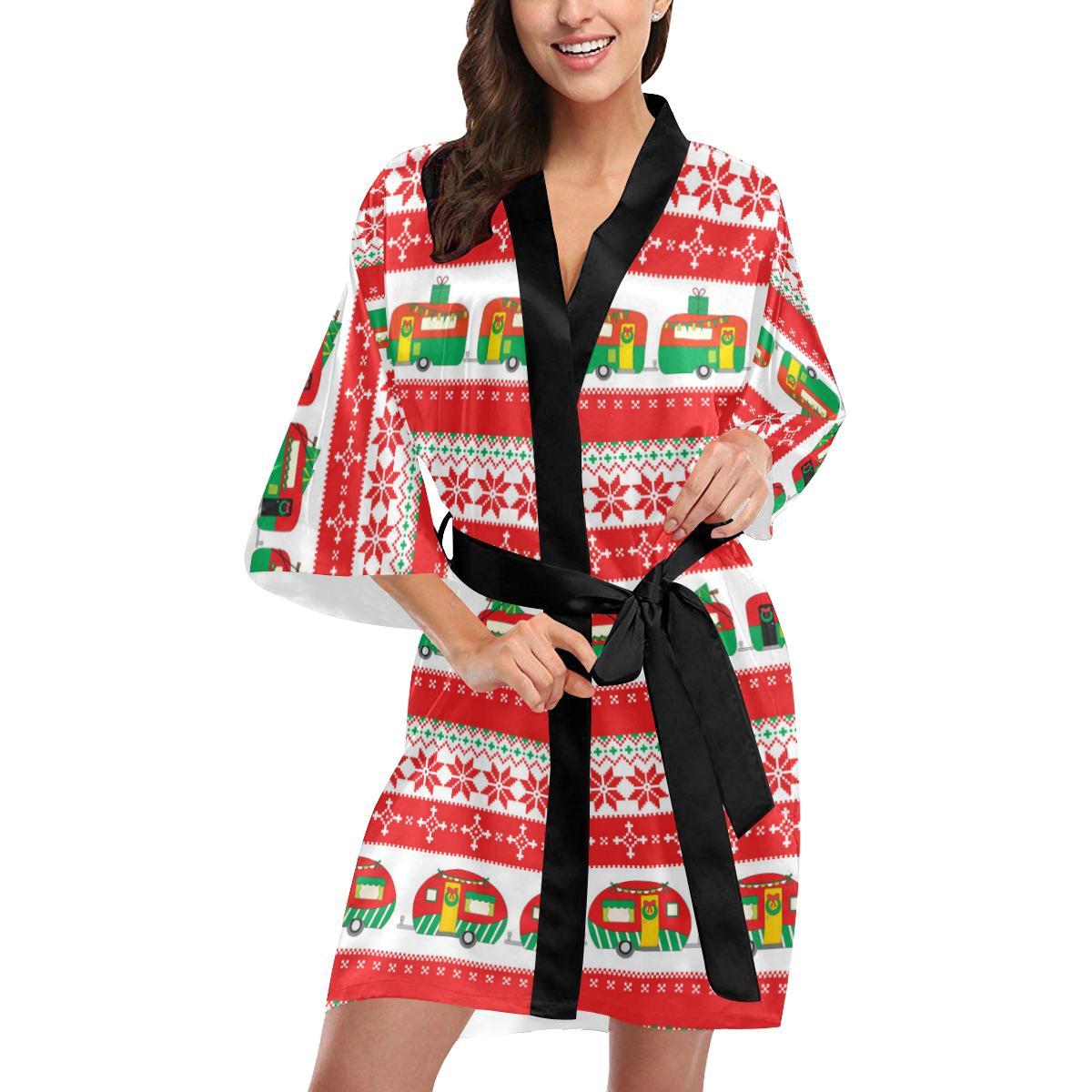Camper Camping Ugly Christmas Design Print Women Short Kimono Robe