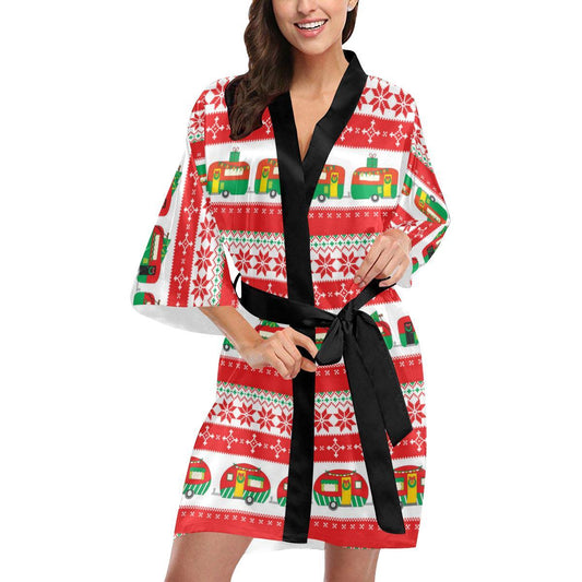 Camper Camping Ugly Christmas Design Print Women Short Kimono Robe
