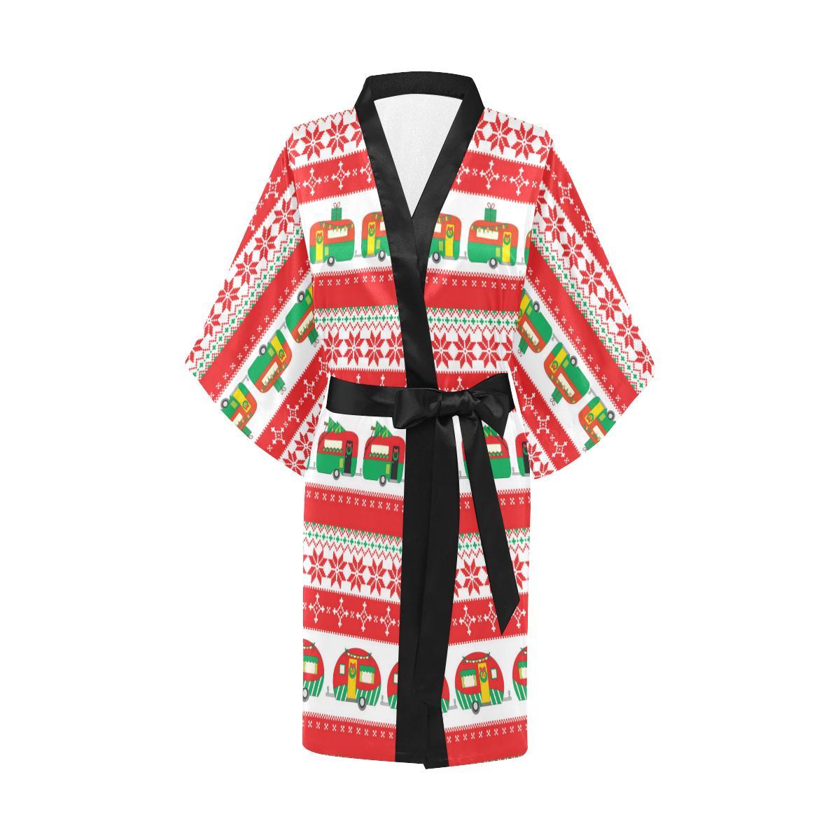 Camper Camping Ugly Christmas Design Print Women Short Kimono Robe