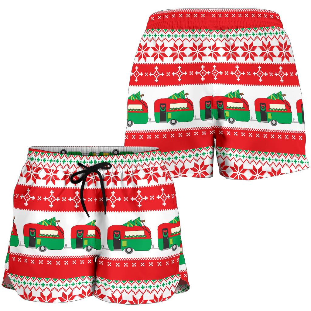 Camper Camping Ugly Christmas Design Print Women Shorts-JTAMIGO.COM