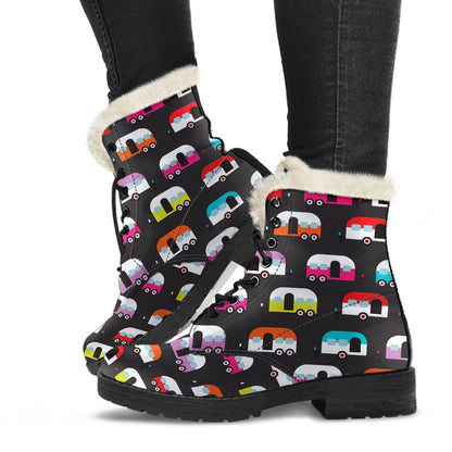 Camper Caravan Pattern Faux Fur Leather Boots-JTAMIGO.COM