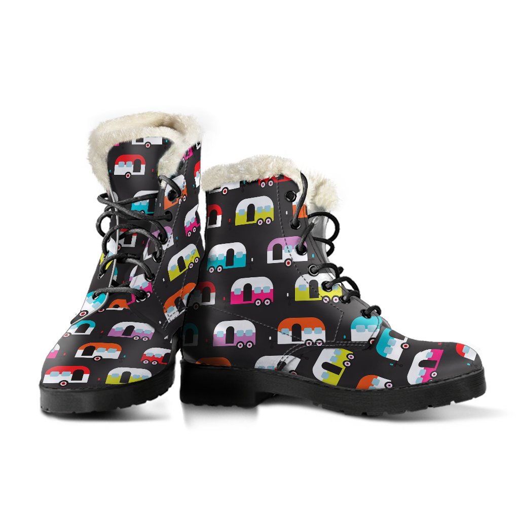 Camper Caravan Pattern Faux Fur Leather Boots-JTAMIGO.COM