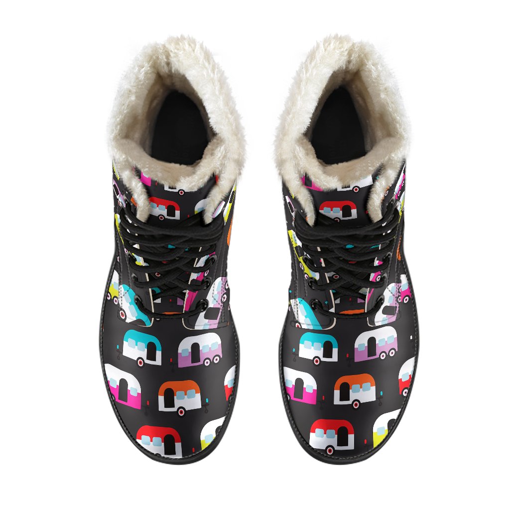 Camper Caravan Pattern Faux Fur Leather Boots-JTAMIGO.COM