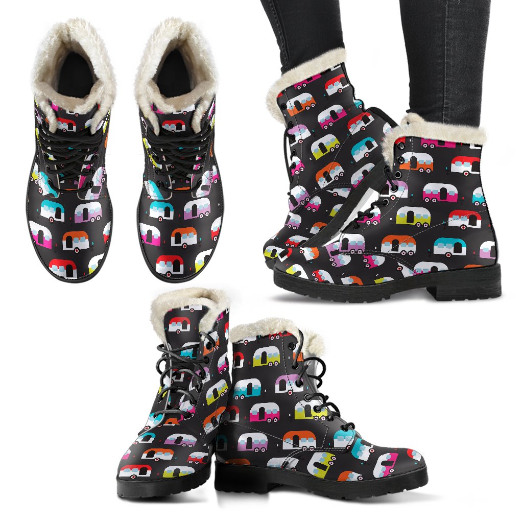 Camper Caravan Pattern Faux Fur Leather Boots-JTAMIGO.COM
