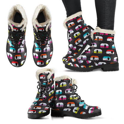 Camper Caravan Pattern Faux Fur Leather Boots-JTAMIGO.COM