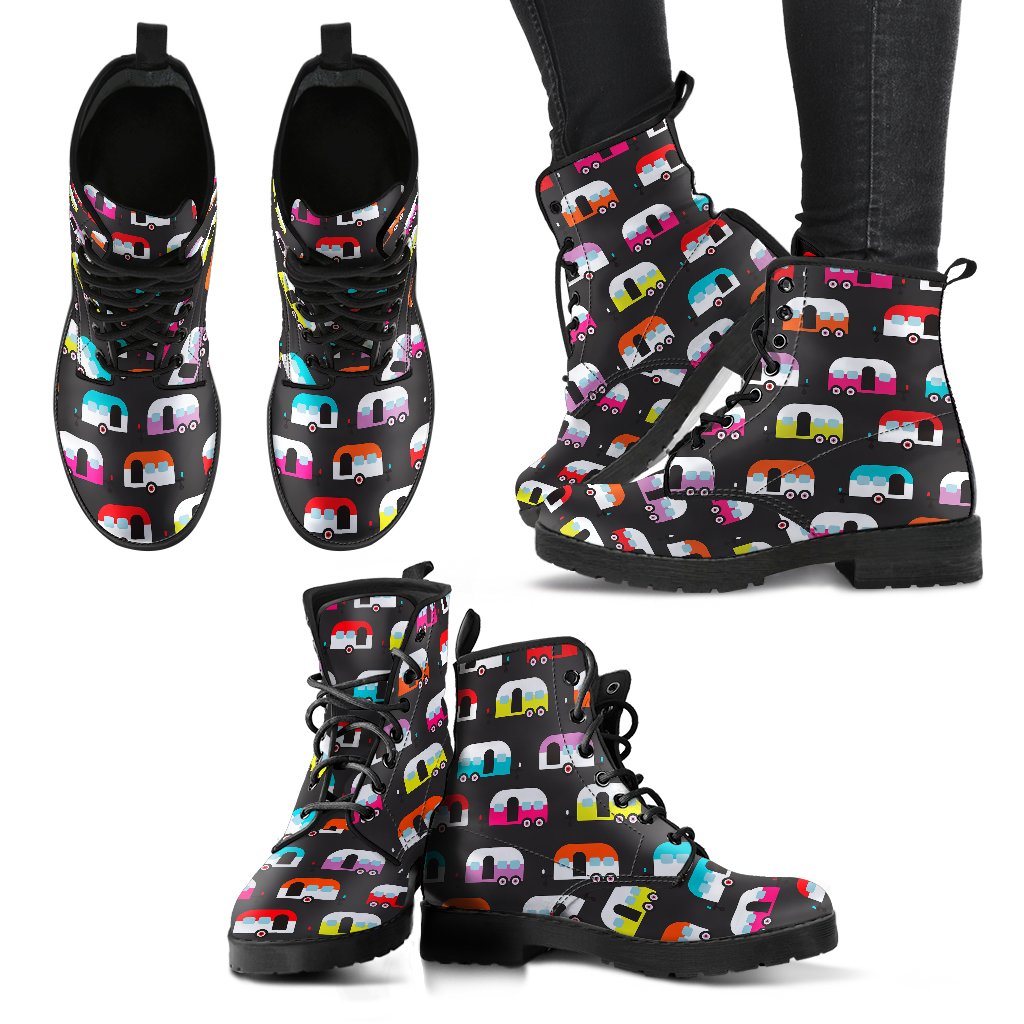 Camper Caravan Pattern Women Leather Boots-JTAMIGO.COM