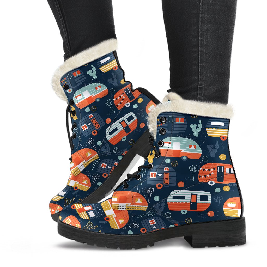 Camper Caravan Print Pattern Faux Fur Leather Boots-JTAMIGO.COM