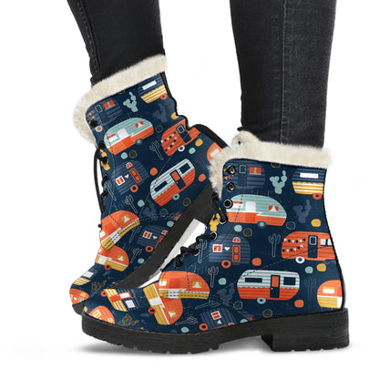 Camper Caravan Print Pattern Faux Fur Leather Boots-JTAMIGO.COM